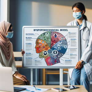 family medicine physician explaining biopsychosocial model to patient showing biological psychological and social health factors