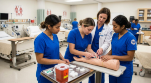 medical assistant students practicing blood draw venipuncture technique in accredited clinical training laboratory