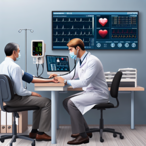 certified medical assistant taking blood pressure measurement in doctor's office exam room with EHR system visible